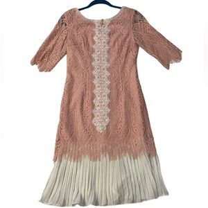 Dual tone mid length with 3/4 sleeves lace dress. Dust pink and white | Size M